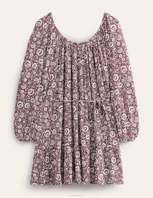 Boden vêtements bordeaux foncé et cascade de fleurs femmes robe courte en jersey à volants LB2X1420