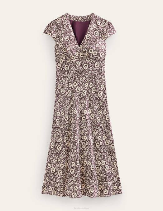 Boden vêtements bordeaux foncé et cascade de fleurs femmes robe empire mi-longue en satin LB2X2150