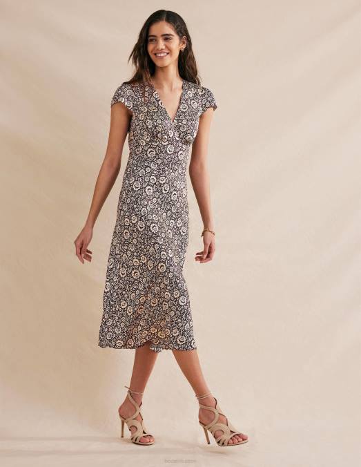 Boden vêtements bordeaux foncé et cascade de fleurs femmes robe empire mi-longue en satin LB2X2150