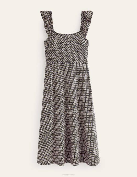 Boden vêtements bourgeon noir et fleuri femmes robe midi en jersey à volants LB2X1021