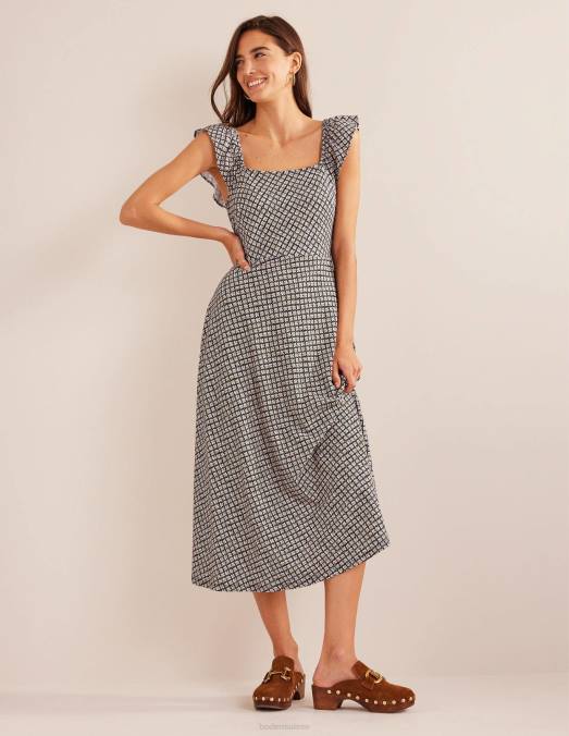 Boden vêtements bourgeon noir et fleuri femmes robe midi en jersey à volants LB2X1021