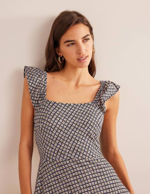 Boden vêtements bourgeon noir et fleuri femmes robe midi en jersey à volants LB2X1021