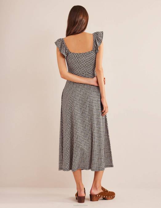 Boden vêtements bourgeon noir et fleuri femmes robe midi en jersey à volants LB2X1021