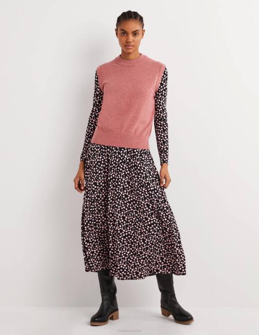 Boden vêtements bourgeon noir et tombant femmes robe midi en jersey à manches bouffantes LB2X1039