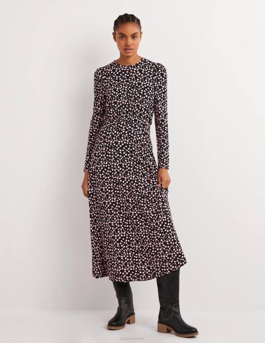 Boden vêtements bourgeon noir et tombant femmes robe midi en jersey à manches bouffantes LB2X1039