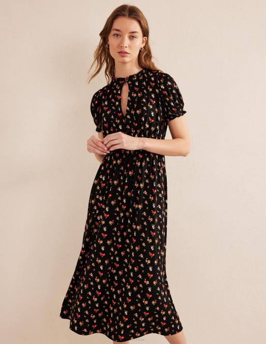 Boden vêtements brin noir et délicat femmes robe mi-longue en jersey froncé LB2X1729