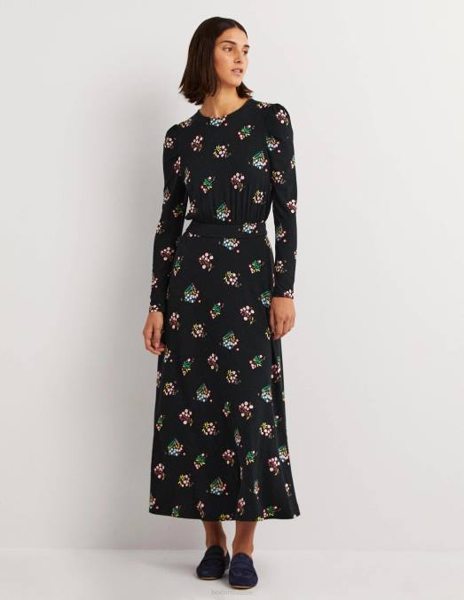 Boden vêtements brin noir et délicat femmes robe midi en jersey à manches bouffantes LB2X1256