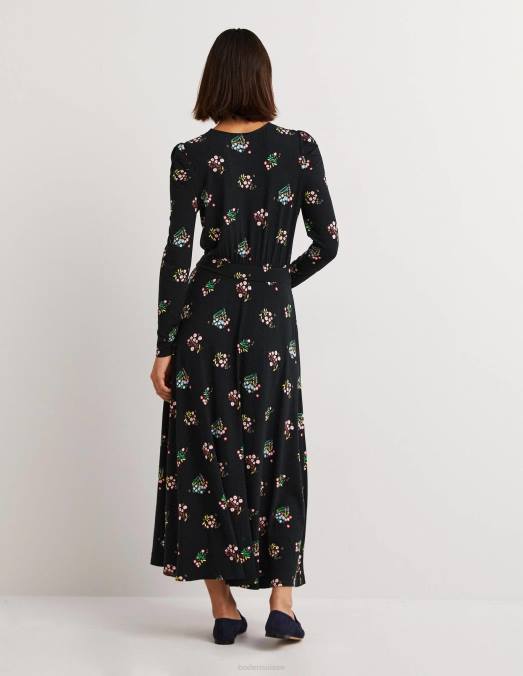 Boden vêtements brin noir et délicat femmes robe midi en jersey à manches bouffantes LB2X1256