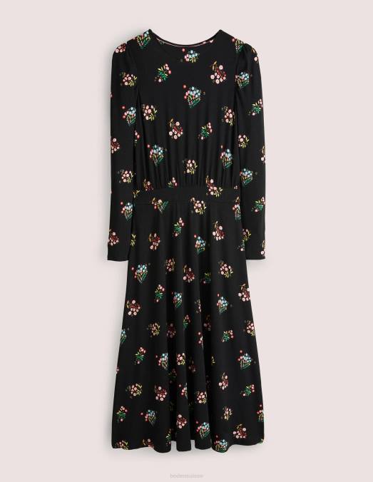 Boden vêtements brin noir et délicat femmes robe midi en jersey à manches bouffantes LB2X1256