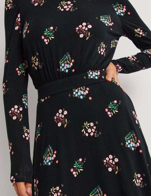 Boden vêtements brin noir et délicat femmes robe midi en jersey à manches bouffantes LB2X1256