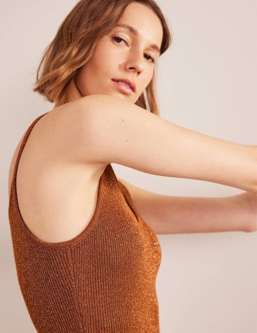 Boden vêtements bronze cognac et éclat doré femmes robe mi-longue en maille scintillante LB2X1387