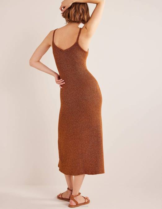 Boden vêtements bronze cognac et éclat doré femmes robe mi-longue en maille scintillante LB2X1387