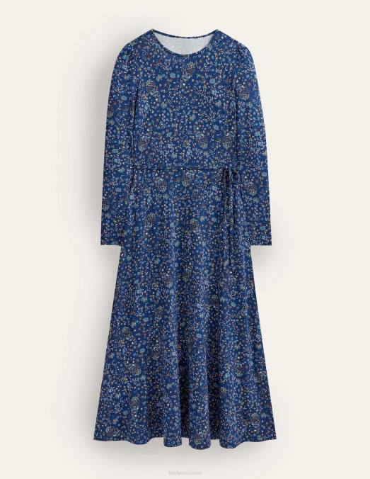 Boden vêtements cachemire bleu marine et fleurs sauvages femmes robe mi-longue en jersey à détail de jupe LB2X2539