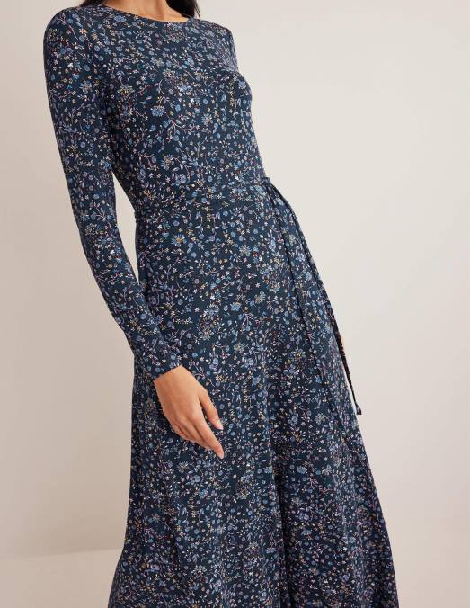 Boden vêtements cachemire bleu marine et fleurs sauvages femmes robe mi-longue en jersey à détail de jupe LB2X2539