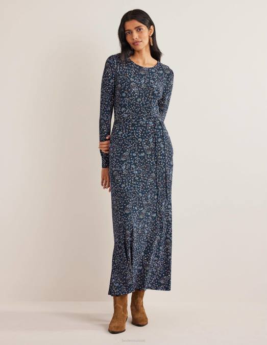Boden vêtements cachemire bleu marine et fleurs sauvages femmes robe mi-longue en jersey à détail de jupe LB2X2539