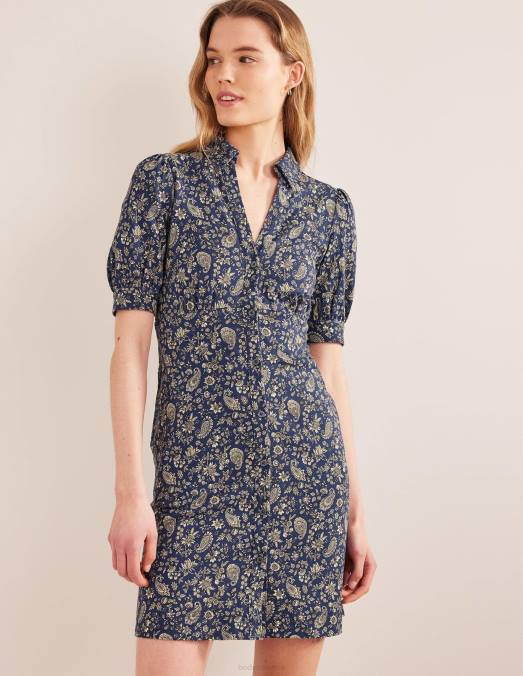 Boden vêtements cachemire bleu marine et pissenlit femmes robe courte en jersey boutonnée LB2X1199