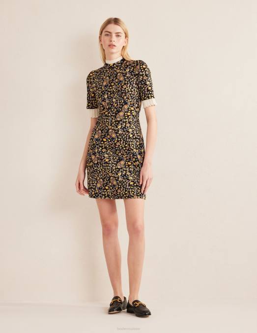 Boden vêtements cachemire noir et fleurs sauvages femmes robe courte en jersey LB2X1346