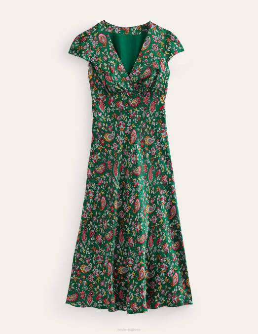 Boden vêtements cachemire vert et pissenlit femmes robe empire mi-longue en satin LB2X2486