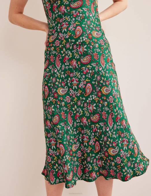 Boden vêtements cachemire vert et pissenlit femmes robe empire mi-longue en satin LB2X2486