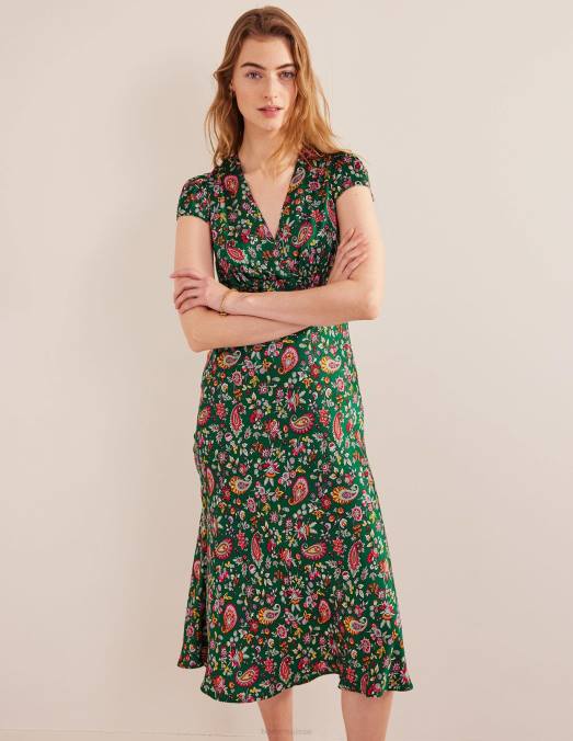 Boden vêtements cachemire vert et pissenlit femmes robe empire mi-longue en satin LB2X2486