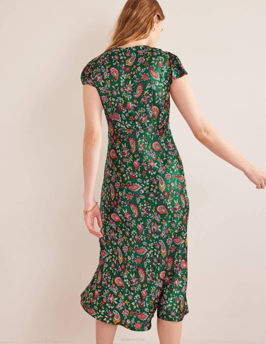 Boden vêtements cachemire vert et pissenlit femmes robe empire mi-longue en satin LB2X2486