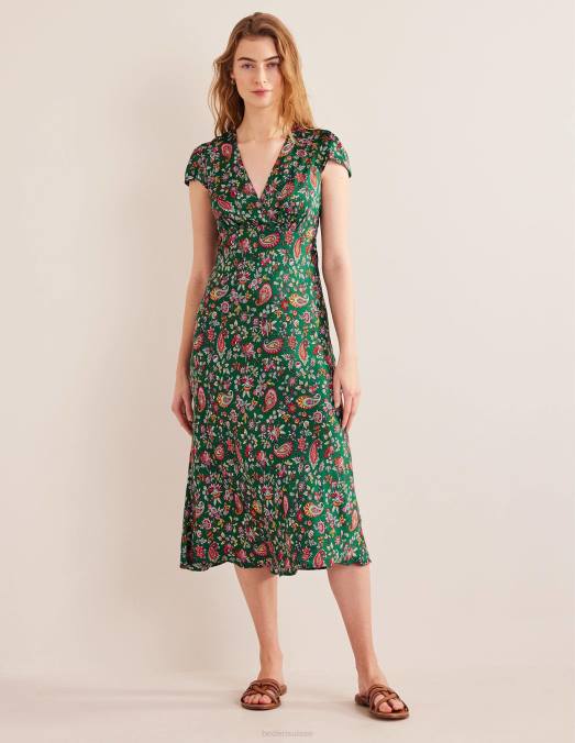 Boden vêtements cachemire vert et pissenlit femmes robe empire mi-longue en satin LB2X2486