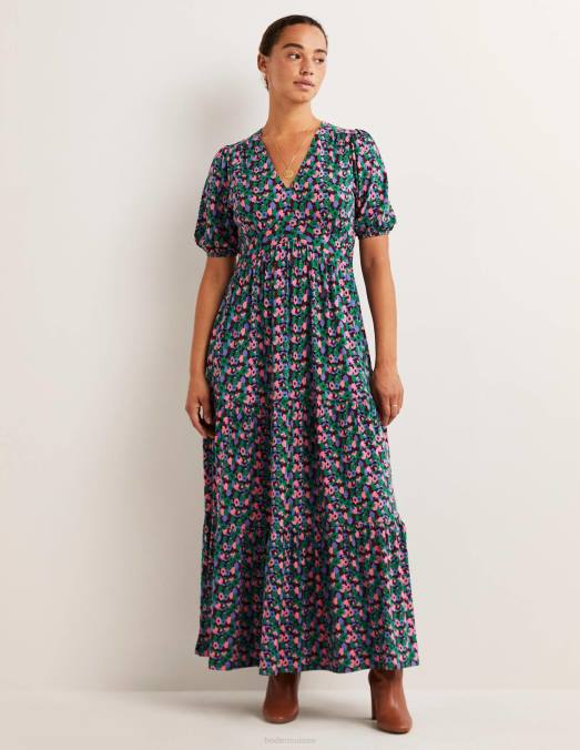 Boden vêtements clairière ombragée et grappe de tulipes femmes robe longue en jersey à volants LB2X2449