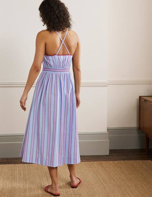 Boden vêtements dragon rouge et pensée pop femmes robe midi dos nu à rayures LB2X2026