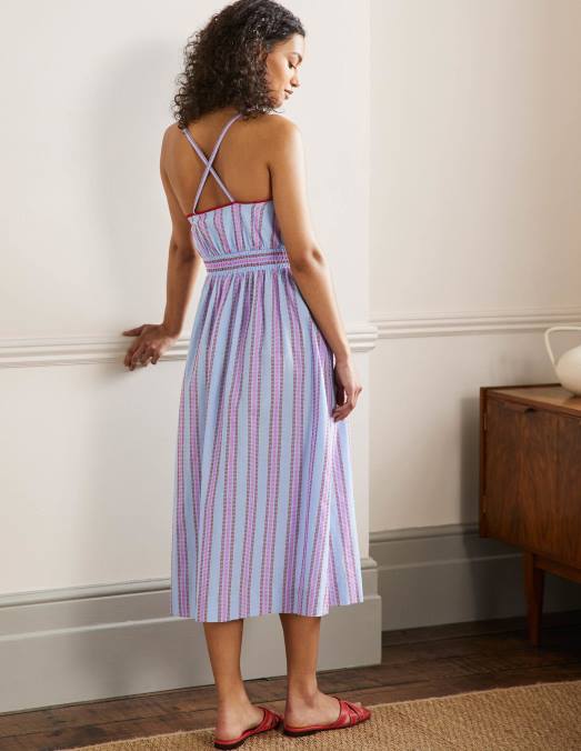 Boden vêtements dragon rouge et pensée pop femmes robe midi dos nu à rayures LB2X2026