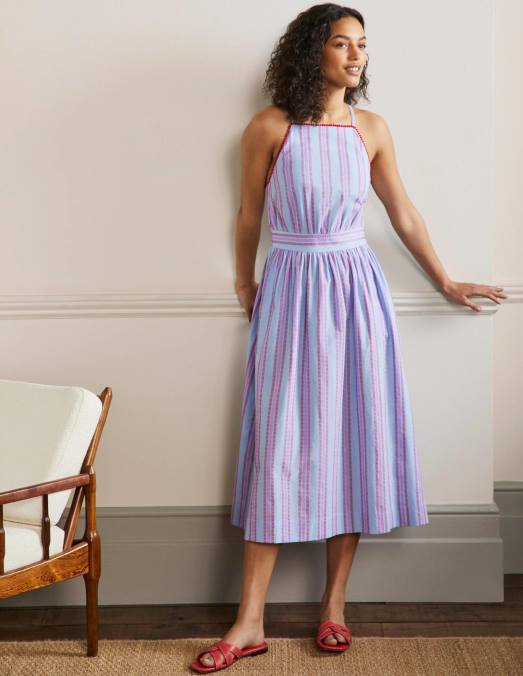 Boden vêtements dragon rouge et pensée pop femmes robe midi dos nu à rayures LB2X2026