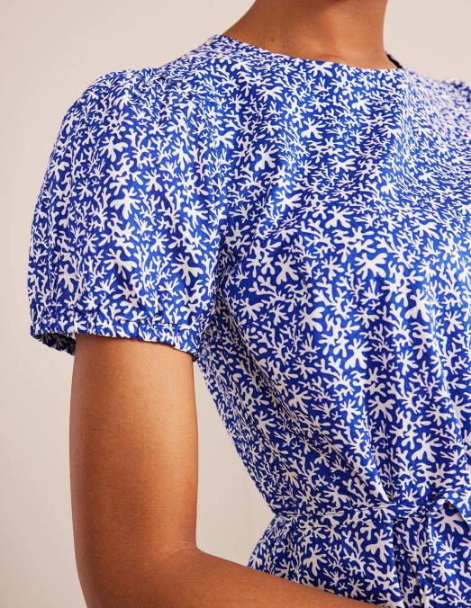 Boden vêtements feuillage bleu et abstrait femmes robe courte à jupe ample LB2X1205