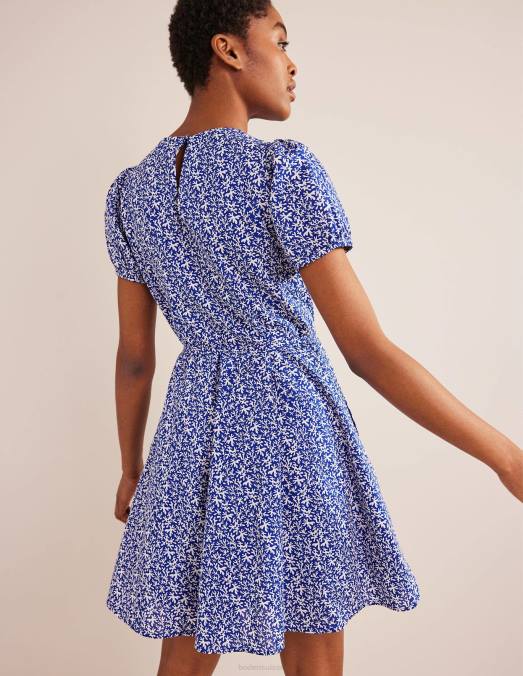 Boden vêtements feuillage bleu et abstrait femmes robe courte à jupe ample LB2X1205