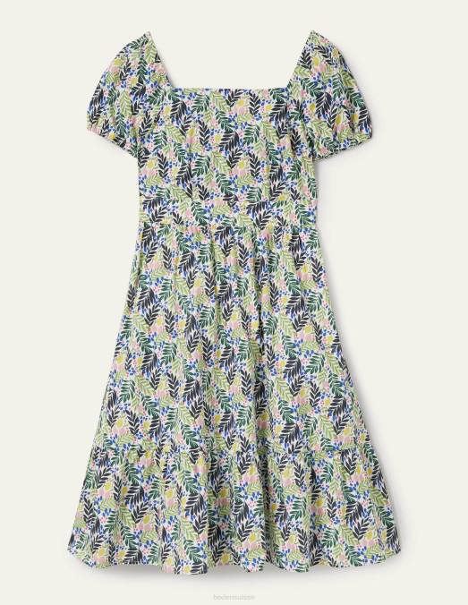 Boden vêtements feuillage multicolore et citronné femmes robe à volants et encolure carrée LB2X2427