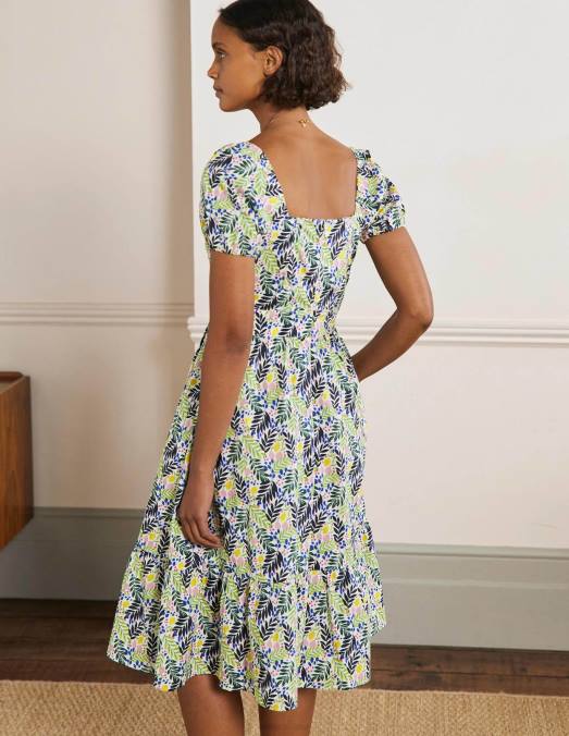 Boden vêtements feuillage multicolore et citronné femmes robe à volants et encolure carrée LB2X2427