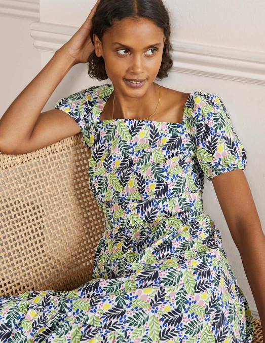 Boden vêtements feuillage multicolore et citronné femmes robe à volants et encolure carrée LB2X2427