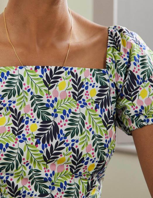 Boden vêtements feuillage multicolore et citronné femmes robe à volants et encolure carrée LB2X2427