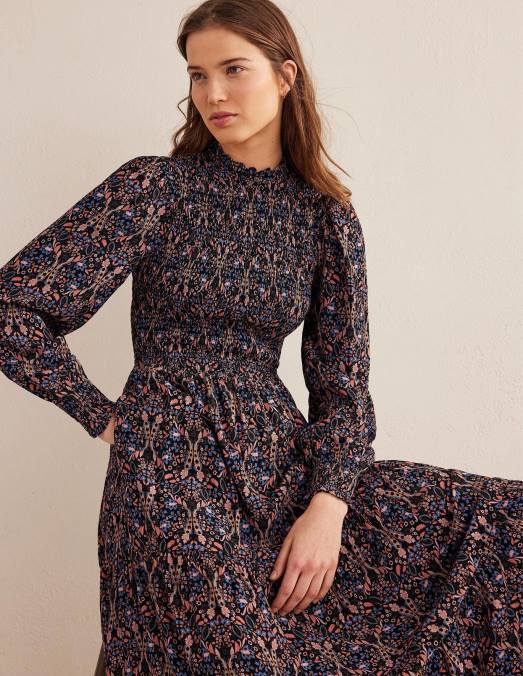 Boden vêtements feuillage noir et exotique femmes robe midi à volants et smocks LB2X987