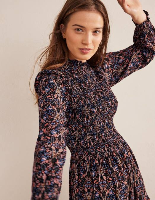 Boden vêtements feuillage noir et exotique femmes robe midi à volants et smocks LB2X987