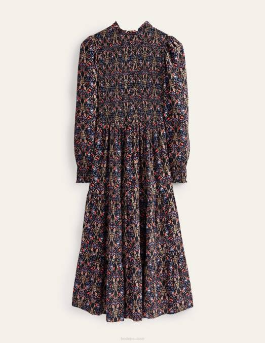 Boden vêtements feuillage noir et exotique femmes robe midi à volants et smocks LB2X987