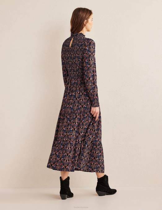 Boden vêtements feuillage noir et exotique femmes robe midi à volants et smocks LB2X987