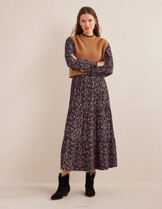 Boden vêtements feuillage noir et exotique femmes robe midi à volants et smocks LB2X987
