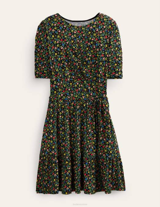 Boden vêtements feuillage noir et pétale femmes robe courte en jersey à buste froncé LB2X2231