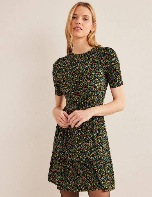 Boden vêtements feuillage noir et pétale femmes robe courte en jersey à buste froncé LB2X2231