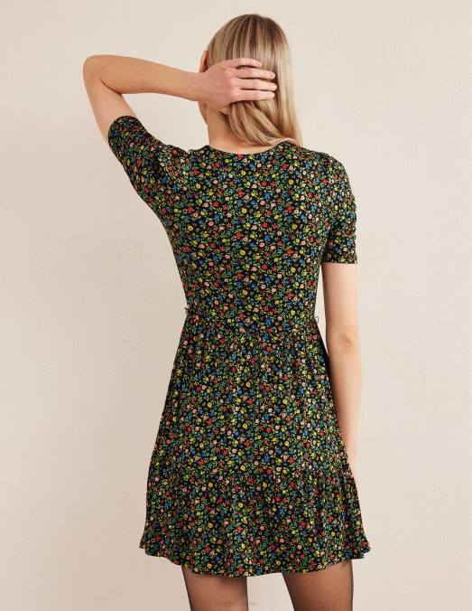 Boden vêtements feuillage noir et pétale femmes robe courte en jersey à buste froncé LB2X2231