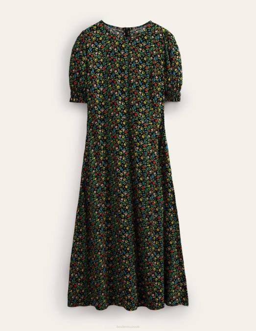 Boden vêtements feuillage noir et pétale femmes robe mi-longue à manches courtes LB2X2536