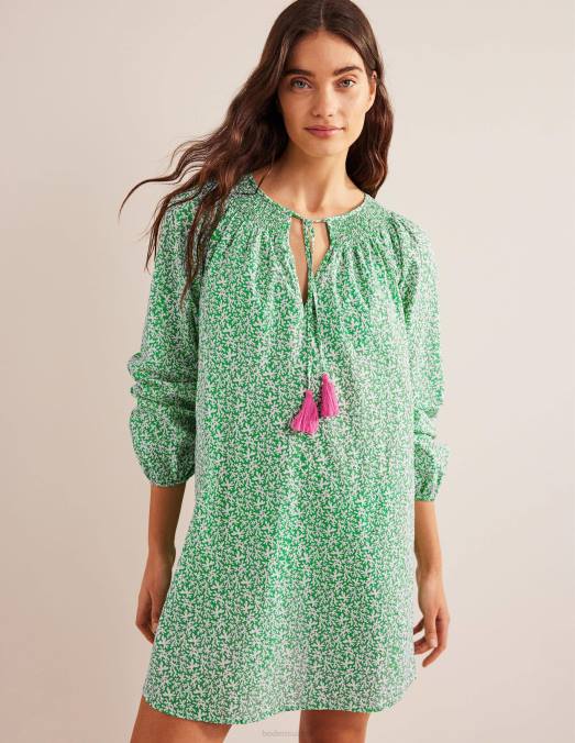 Boden vêtements feuillage vert vif et abstrait femmes caftan de plage à col smocké LB2X1186