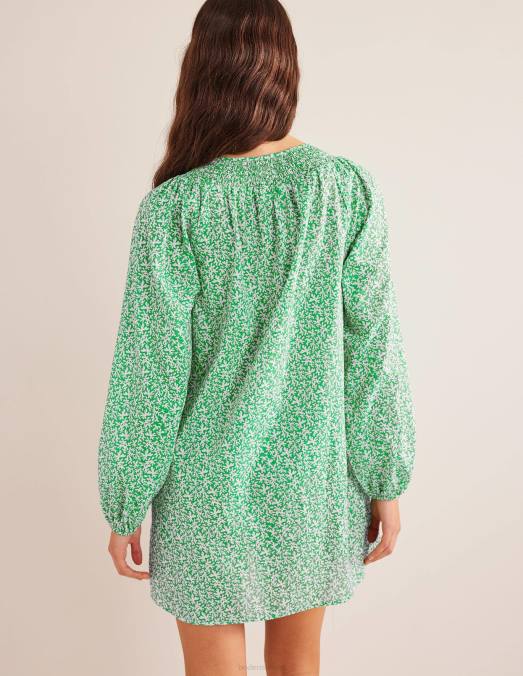 Boden vêtements feuillage vert vif et abstrait femmes caftan de plage à col smocké LB2X1186