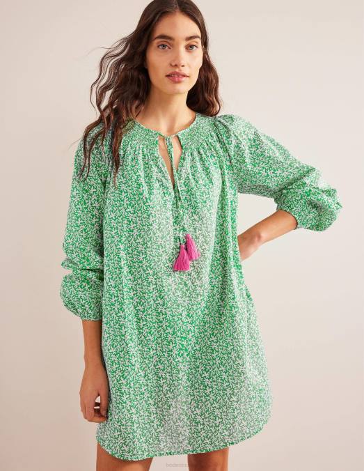 Boden vêtements feuillage vert vif et abstrait femmes caftan de plage à col smocké LB2X1186