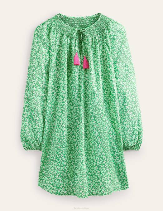 Boden vêtements feuillage vert vif et abstrait femmes caftan de plage à col smocké LB2X1186