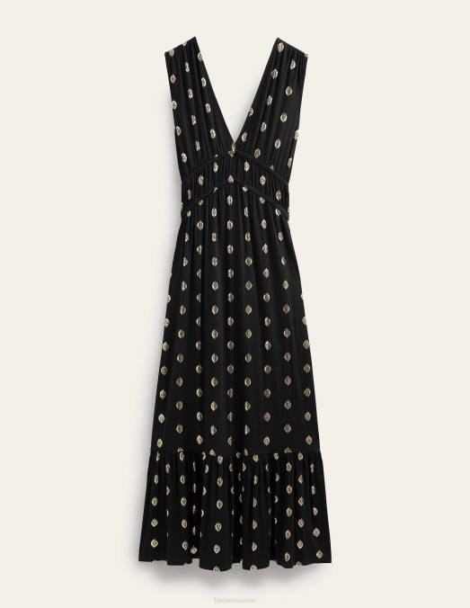 Boden vêtements feuille noire et tranquille femmes robe longue en jersey smocké LB2X1130